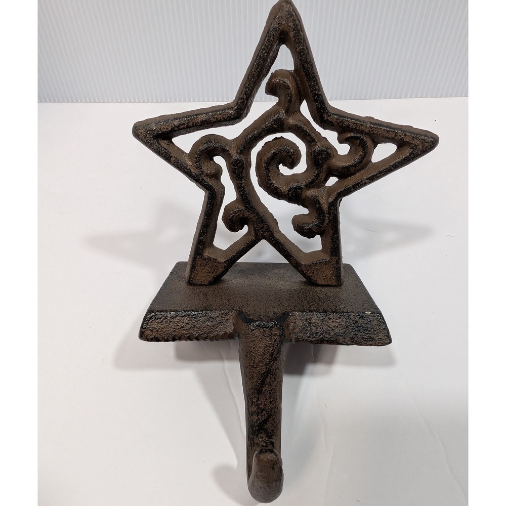Cast Iron Star Christmas Stocking Holder Rustic Brown Scrollwork Mantle Hook